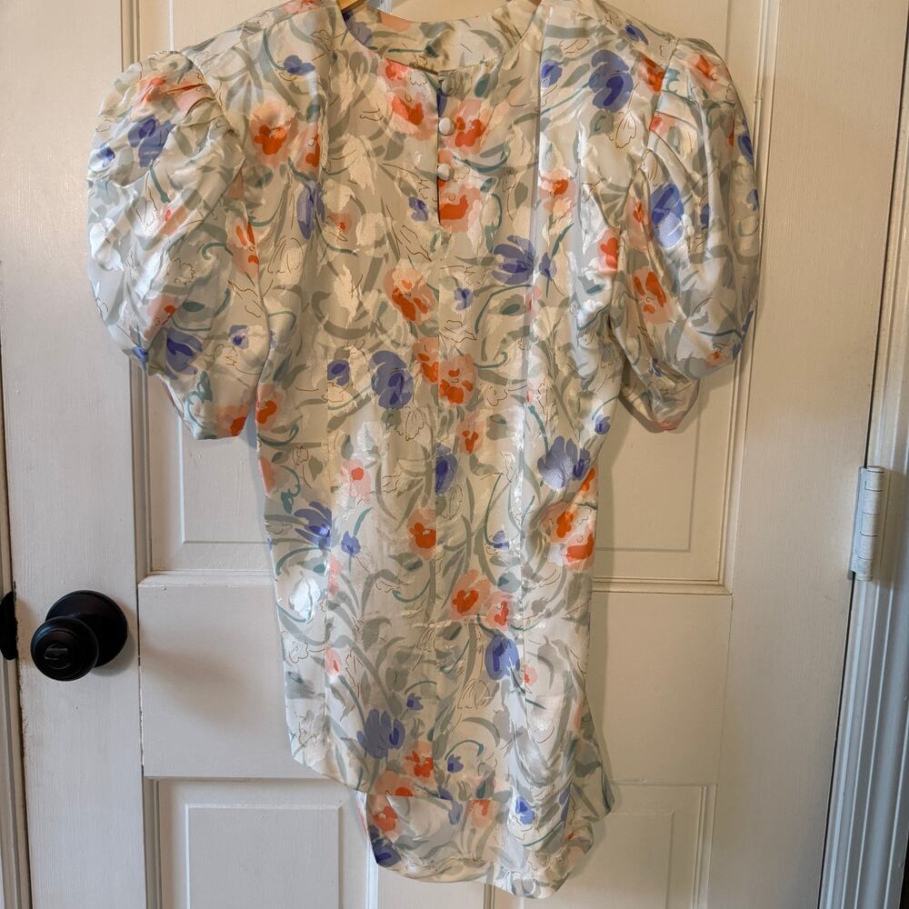 Vintage Maggy London Silk Pouf Sleeve Blouse Asym Hem 90s Chic XS Romantic